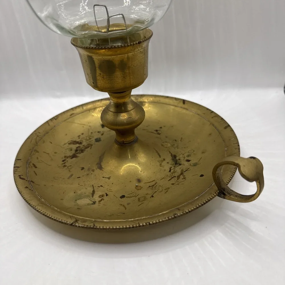 Vintage Large Brass & Hard Plastic Chamber Hurricane Candle Lamp Finger Holder